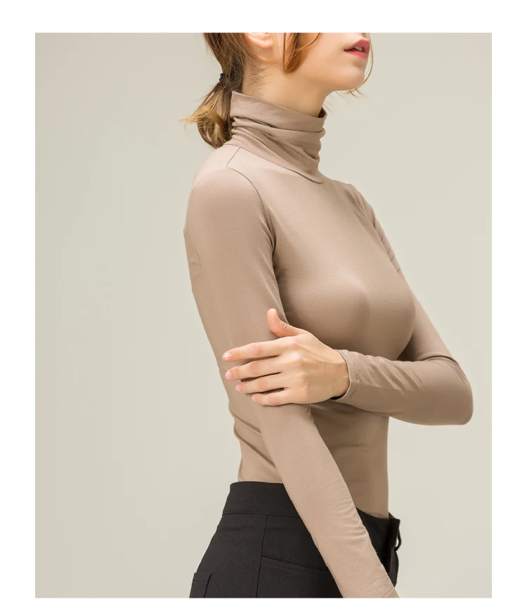 100% cotton long sleeve Solid Turtleneck t-shirt women high stretch slim tops spring autumn skinny