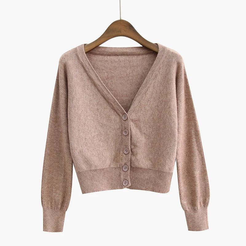 Dark Khaki Gaganight, вязанный кардиган, весна-осень, женский кардиган, новинка, Повседневный корейский Топ с длинным рукавом, v-образный вырез, Однотонный женский свитер, пальто - Цвет: Dark Khaki