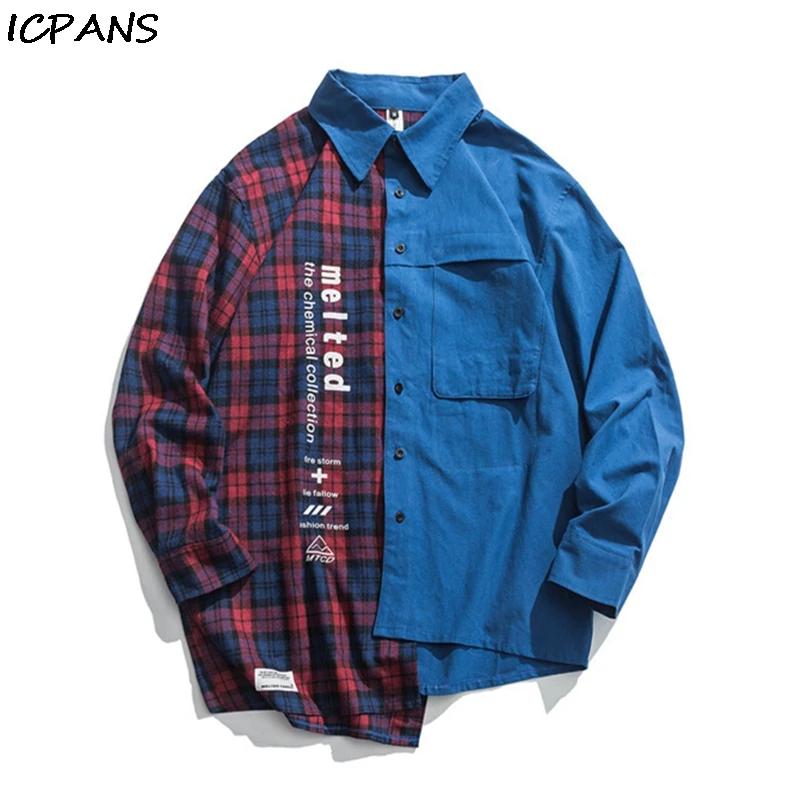 

ICPANS Autumn New Street Hip Hop Casual Shirt Loose Trend Irregular Contrast Stitching Plaid Shirt Japanese Casual Shirt Male