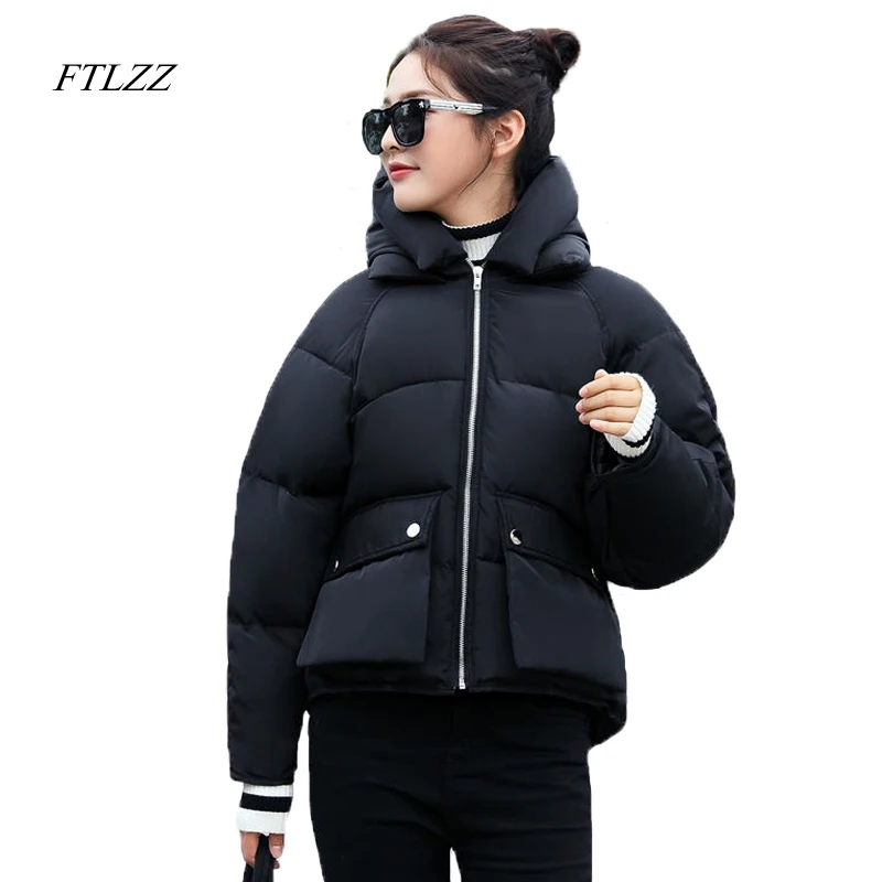 

FTLZZ New Winter Women Cotton Coat Short Design Loose Parkas Snow Thickness Warm Padded Overcoat Black Pink Harajuku Women