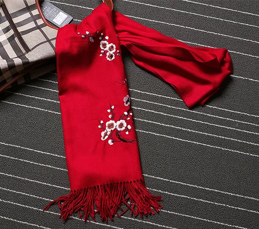 red Роскошный шарф женский, кашемировый Вышитый цветочный шарф, бандана, шаль с цветочным принтом, шерстяные шали, женская накидка с цветочным узором, шали и шарфы - Цвет: red
