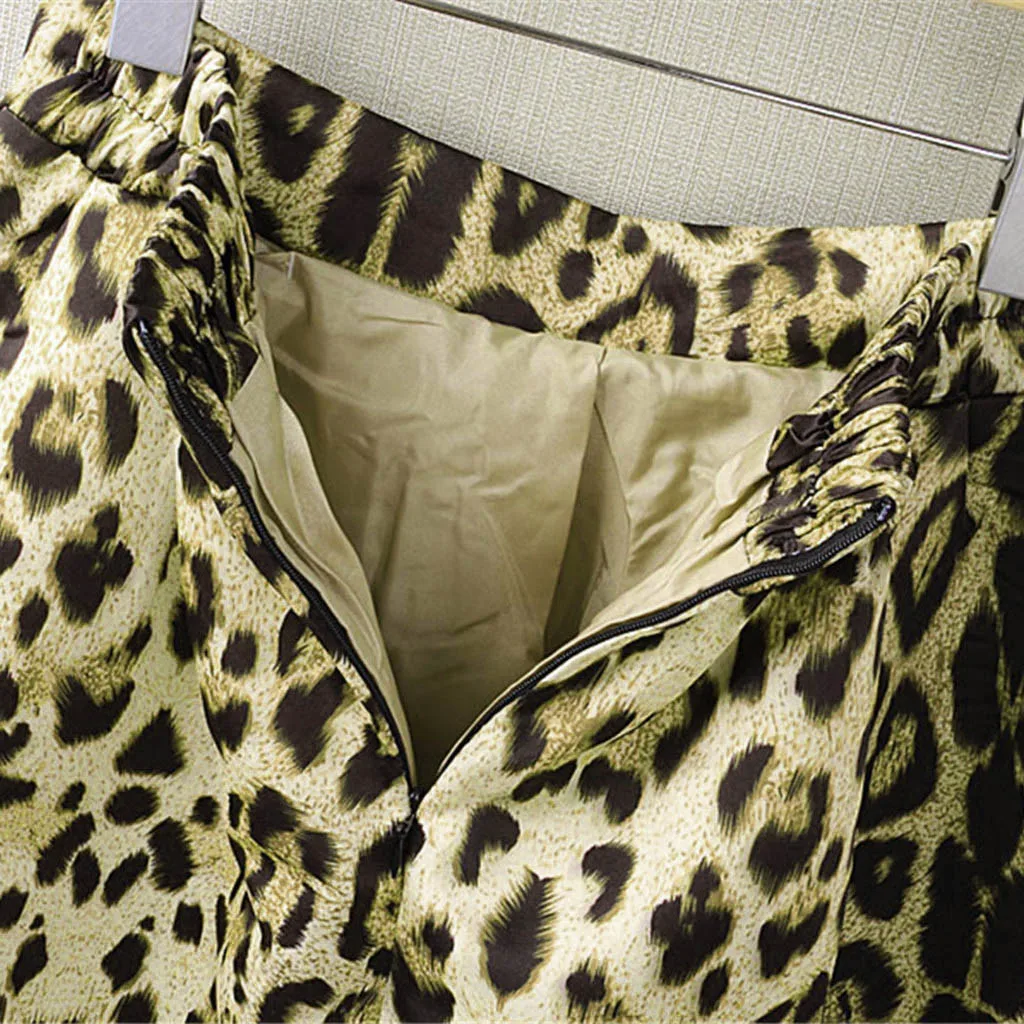 Womens Printed Leopard Skirt Side Zipper Tie Front Overlay Pants Ruffle Skirts Bow Knee-Skirt Sexy Daily Casual Fashion#F