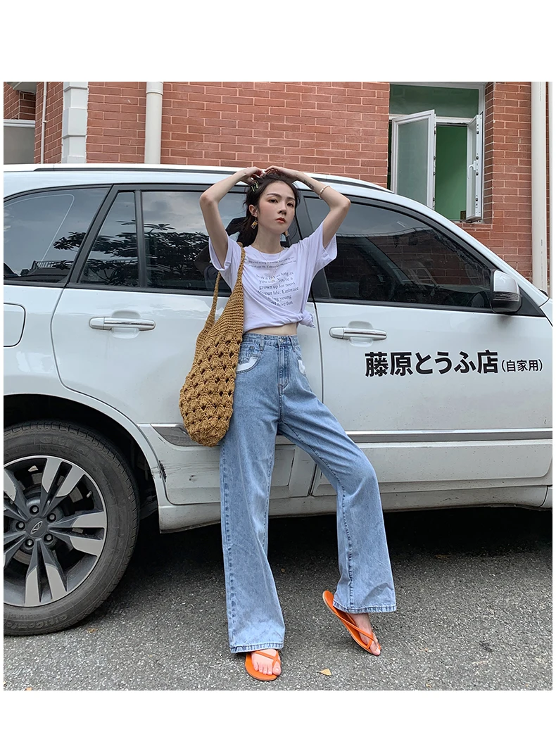 Loyalget Light Blue Jeans Women Summer High Waist Casual Pants Button Zipper Fly Loose Denim Full Length OL Jeans for Lady