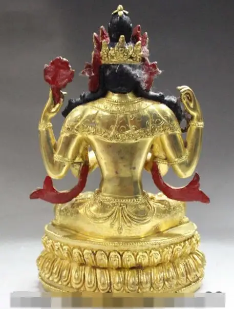 S5149 " Тибет Буддизм Бронзовый 24 К Золото 4 Руки 4 arms Ченрезиг Kwanyin Статуя Будды