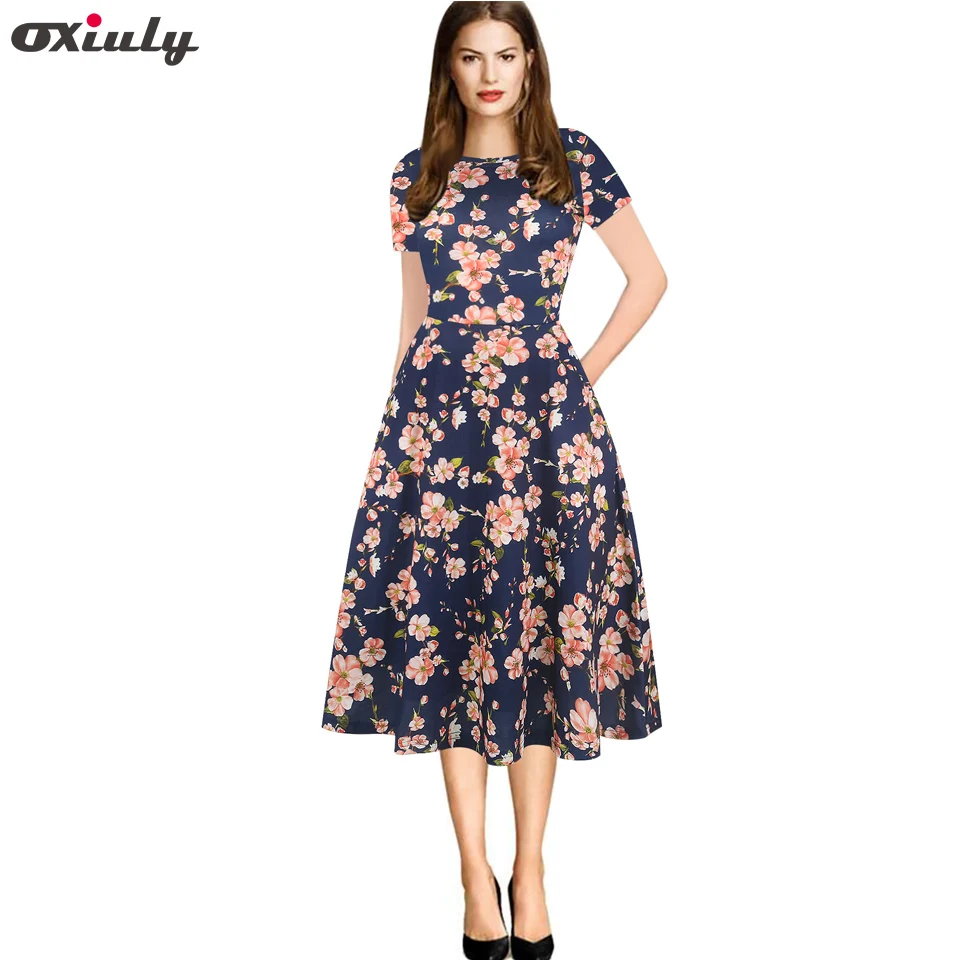navy blue pink flowe Oxiuly винтажное летнее платье в полоску с цветочным принтом, платье трапециевидной формы, ретро свободный покрой, цветочный рисунок, женское платье Одри Хепберн - Цвет: navy blue pink flowe