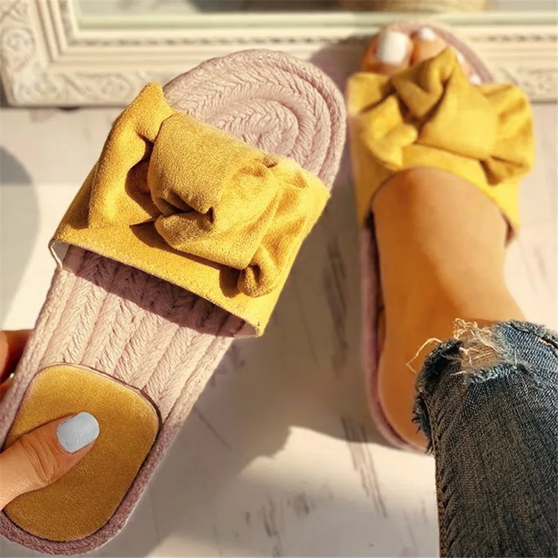 Yellow2 HEFLASHOR/ г.; женские пляжные флоковые Вьетнамки с бантом; повседневные шлепанцы; летние женские туфли с бантом на плоской подошве с открытым носком - Цвет: Yellow2