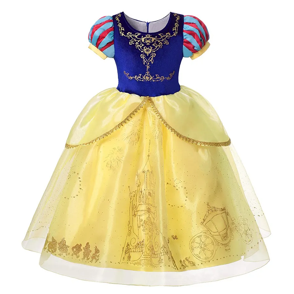 VOGUEON Girls Princess Snow White Costume Puff Sleeve Deluxe Prom Party Gown with Long Cloak Children Halloween Fancy Dress Up