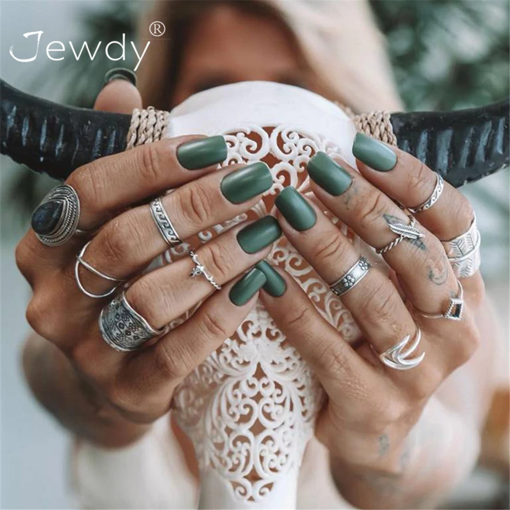 

10 Pcs/ Set Personality Bull Head Wave Leaves Water Drop Arrow Gem Crystal Midi Ring Women Punk Silver Ring Set Combination