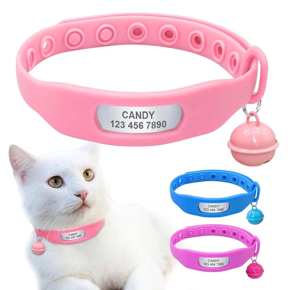 

Cat Collar Personalized Silicone Small Dog Collars Custom Pet collier chat with Bell Adjustable for Puppy Kitten Chihuahua