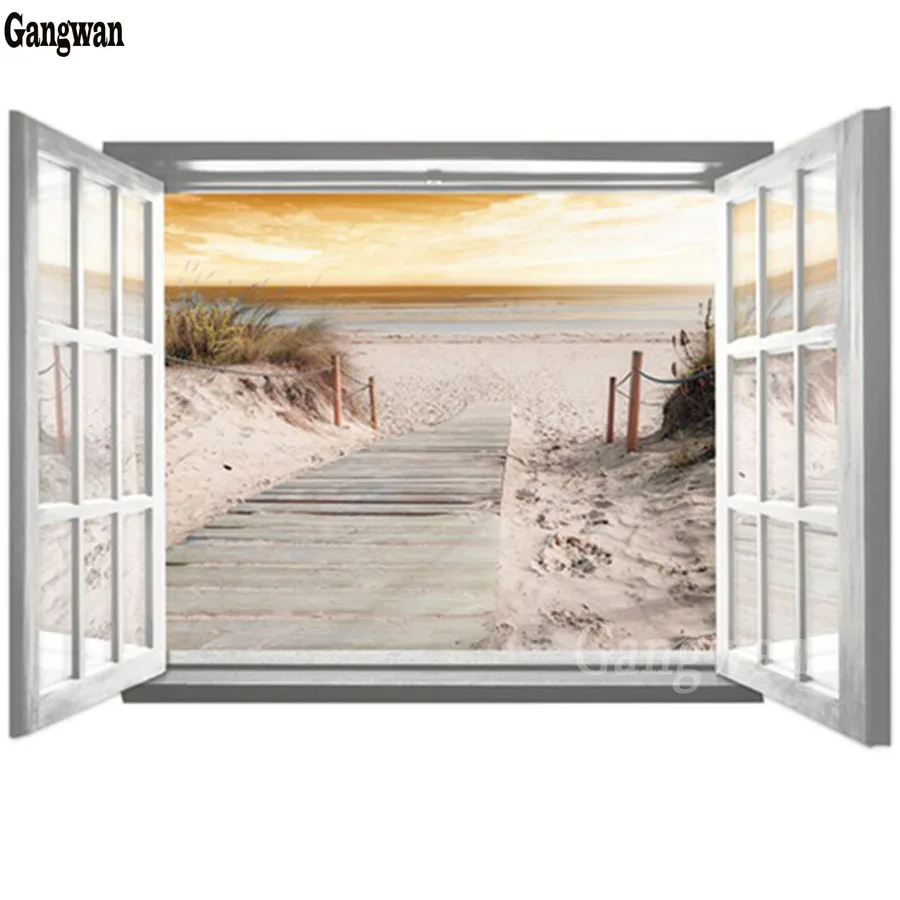 

5D mosaic Diamond Painting Scenery Sea Beach Window Outside 3d rhinestone Diamant Embroidery sale natural landscape Decoration