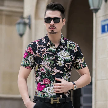

New Summer Male Floral Clothes Short Sleeve Shirt Fashion Flowers Printing Dress Shirt for Mens Free Shipping