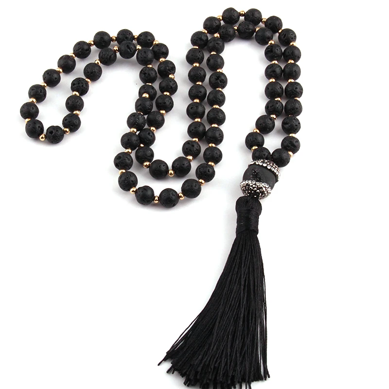 Модные черные камни из лавы богемные племенные ювелирные изделия длинное ожерелье с кисточкой