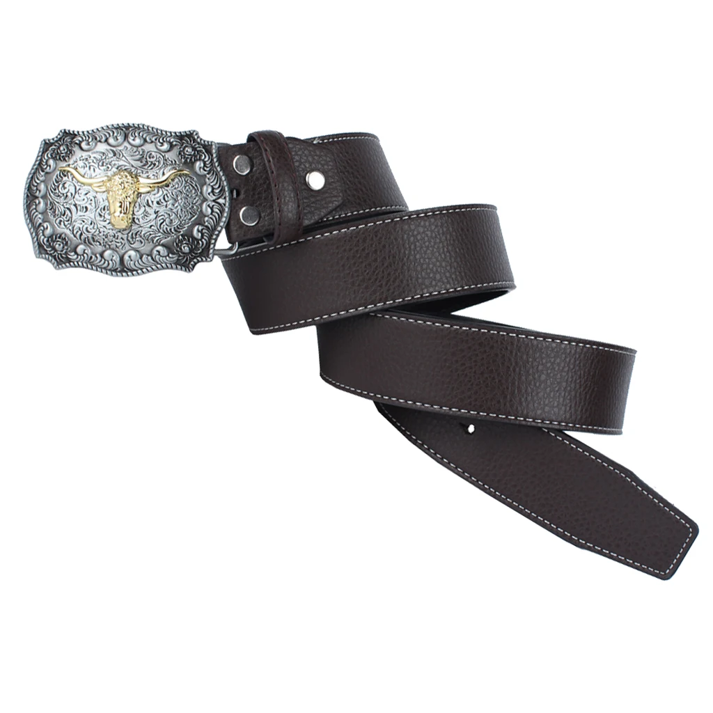 Womens Mens Vintage Western Cowboy Leather Belt Waistband Arabesque Cow Head Buckle Adjustable Leather Belt 