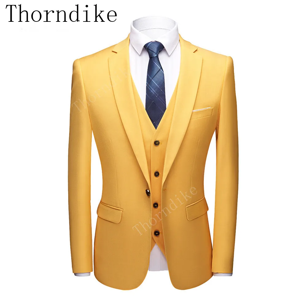 Thorndike три предмета желтый+ синий зимний костюм для мужчин Slim Fit смокинг мужская рубашка в полоску вечернее платье костюмы(куртка+ брюки+ жилет