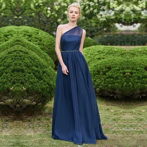 same as picture Шифон темно платье свидетельницы морского цвета одно плечо Vestido Longo пляжный сад с поясом платье для Свадебная вечеринка подружки невесты - Цвет: same as picture
