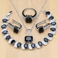 Женские Ювелирные изделия из серебра 925, черный камень, белый кристалл, ювелирные наборы, вечерние аксессуары, серьги/кулон/Кольцо/ожерелье
