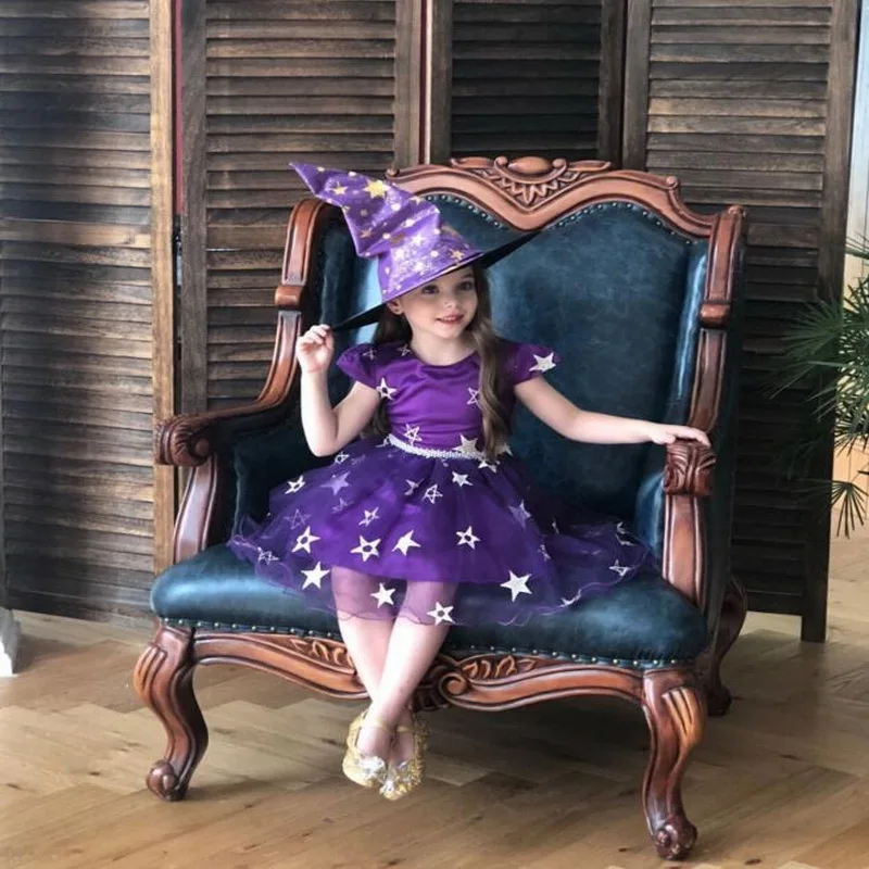 

Retail 2019 New Halloween Baby Girl Dress Witch Star Cosplay With Hat Children Costumes Kids Dresses for Girl Baby Clothes 0-8Y