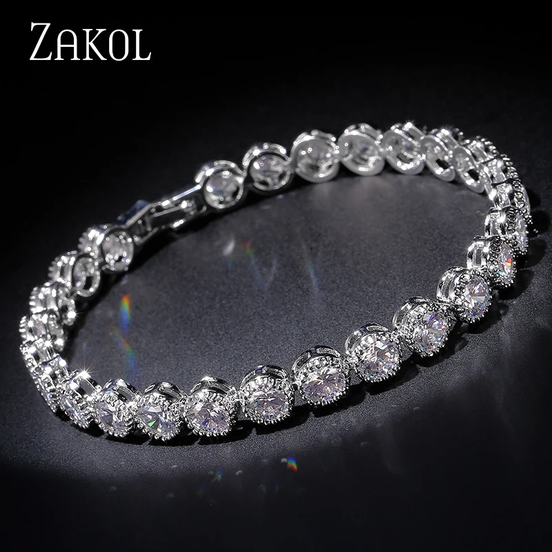 ZAKOL الأزياء الأبيض الذهب اللون جولة AAA مكعب الزركون سلسلة وصله سوار للتنس للنساء أنيقة حزب مجوهرات FSBP096