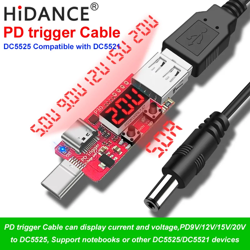 

HiDANCE Type-c PD2/3.0 to DC 5.5*2.5mm DC5525 trigger cable QC4 charger notebook 15/20V or 9V/12V display Current and voltage