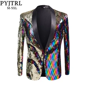 

PYJTRL New Mens Stylish Gold Colorized Double-Color Sequins Blazer Nightclub Bar Stage Singer Costume Wedding Groom Suit Jacket