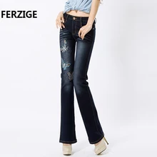 FERZIGE Women’s Jeans with Embroidery Butterfly Partten Stretch Dark Blue High Waist Pants Bell Bottom Flare Jean Femme Mujer 36