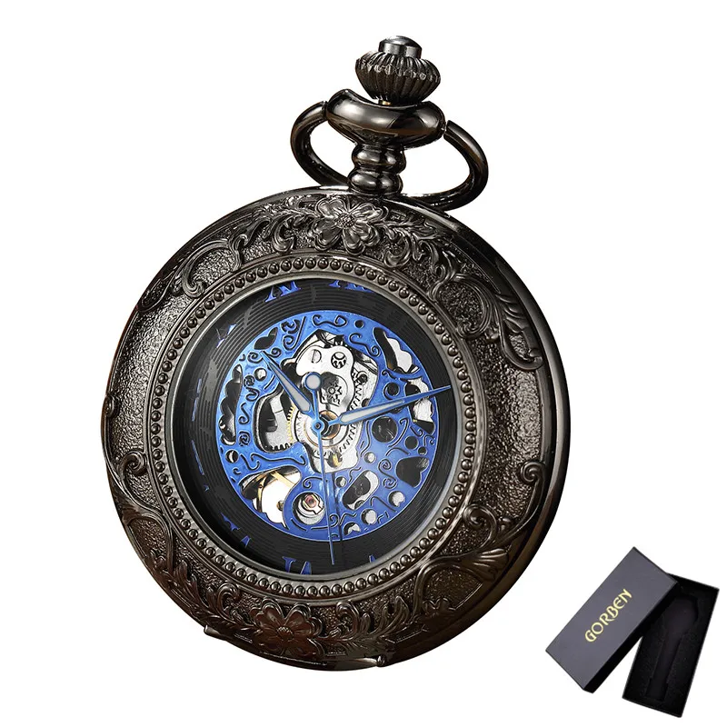 Blue with box Ретро Бронзовый стимпанк Скелет Механические карманные часы Для мужчин Винтаж часы Цепочки и ожерелья Карманные часы и брелоки Relogio де Bolso - Цвет: Blue with box
