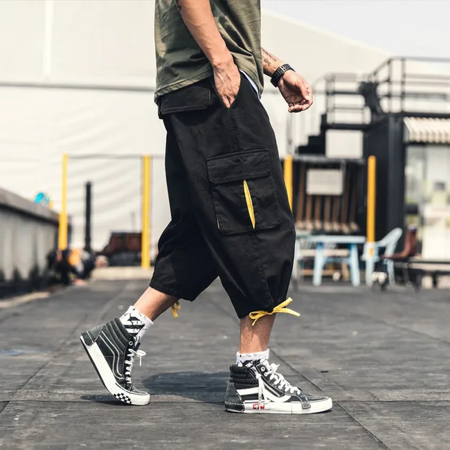 Black Летние Стильные мужские уличные calf-length брюки на шнурке хлопковые брюки хип-хоп джоггеры LBZ109 - Цвет: Black