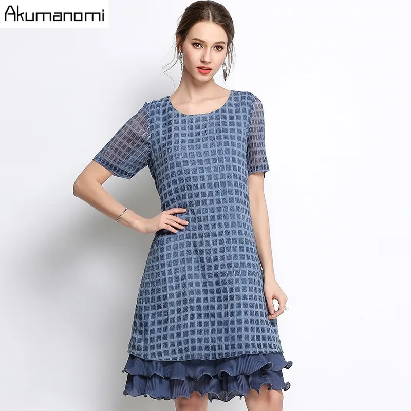 Summer Plaid Dress Women Clothing O neck Short Sleeve Straight Ruffles ...