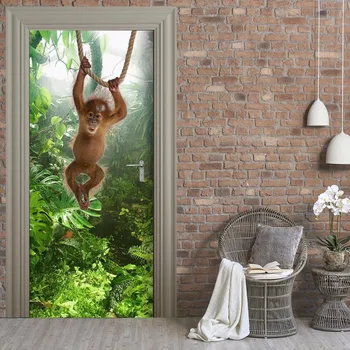 

Monkey Chimpanzee Animals Jungle Door Stickers For Living Room Door Home Decor Vinyl Wall Decals Mural