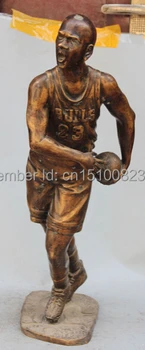 

21" Chinese Bronze Carved Football Player booter Hold Ball Shoot a basket Statue
