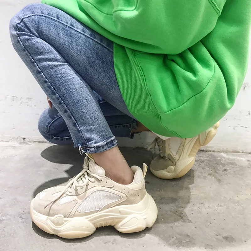 Chunky blanc Semelles Femme Confortable Décontracté Chaussure Cuir Rétro Sneakers Chaussures En Sale Semelle De Épaisse Papa À Véritable Compensées Femmes Beige yvbgIfY76m