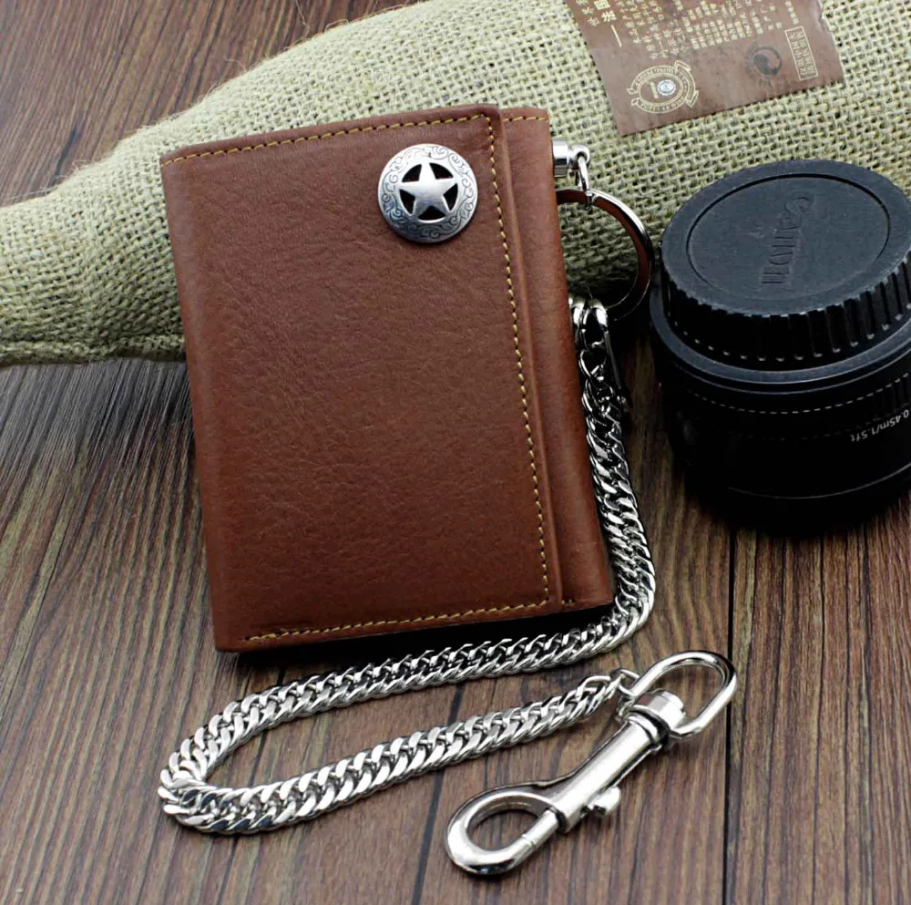 Star Concho Men's Vintage Genuine Leather Short Slim Biker Chain Wallet
