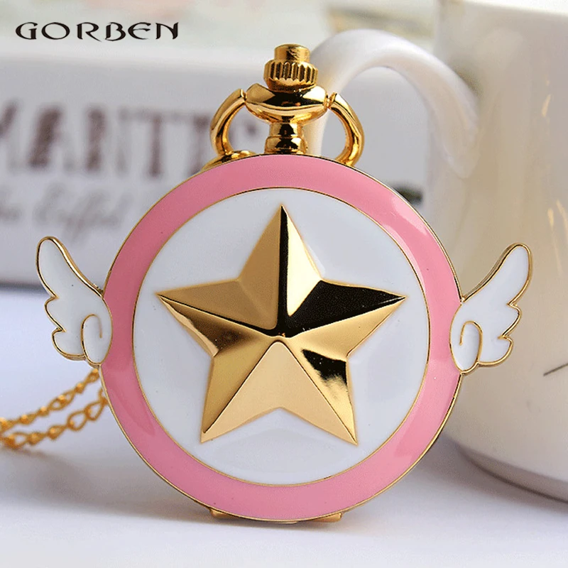 

2017 New Golden Anime Star Wings Pocket Watch High Quality Lovely Cartoon Quartz Pocket Watch Chain Necklace Ladies Girl Gifts