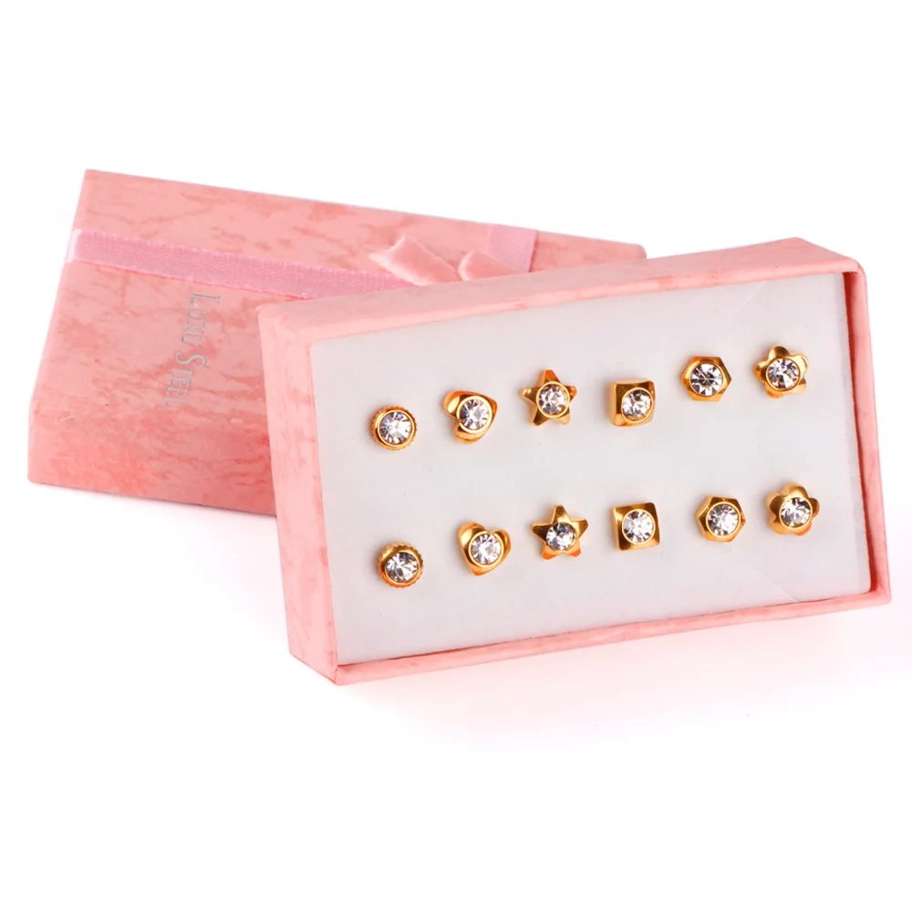 

ASONSTEEL Minimalist Earrings Round Cubic Zirconia with Gold Anti-allergy 6pairs/box Push Back Stud Earrings Office Ladies