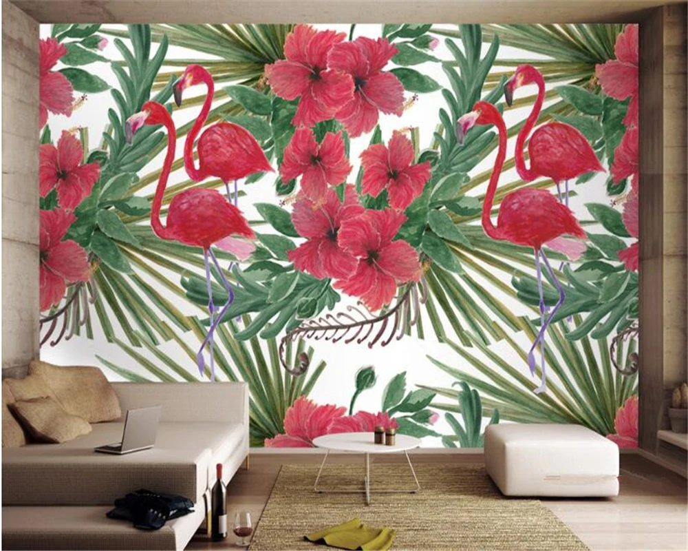

beibehang Nordic decorative painting wallpaper plant leaves flower Flamingo hand-painted background papel de parede 3d wallpaper