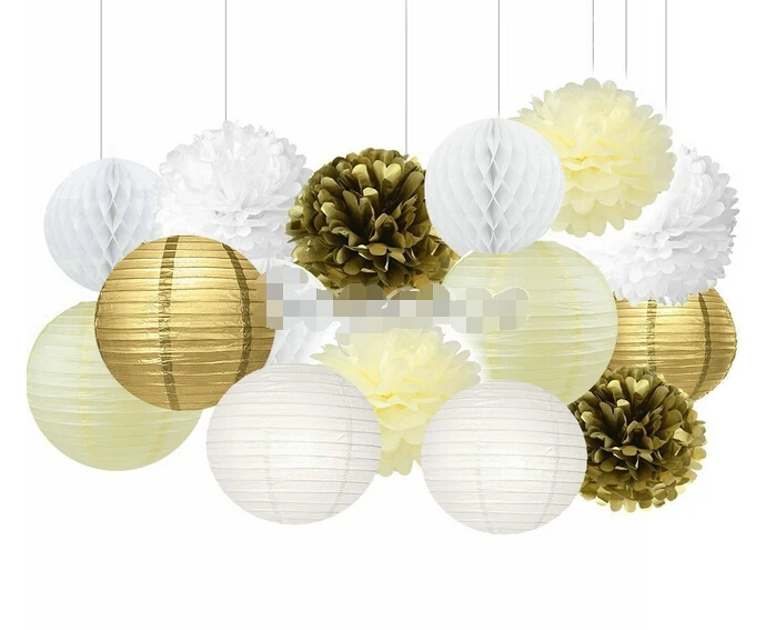 

15pcs Gold Ivory White Tissue Pom Poms Paper Flowers Paper Lanterns Honeycomb Ball for Baby Shower Wedding Party Decoration