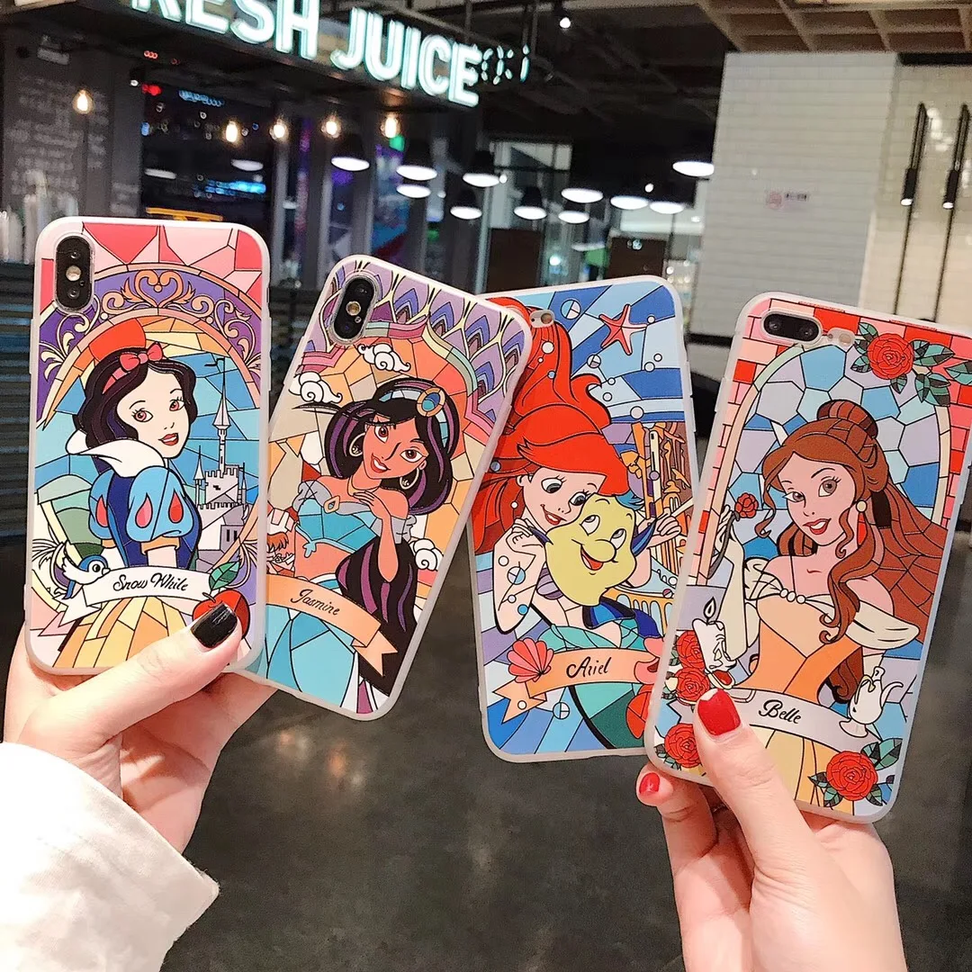 

Cute cartoon princess embossed white mermaid jasmine Alice belle cover for iphone 7 8 6 6s plus x xs max xr 3D case Fundas