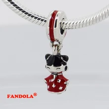 Подходит Pandora шармы браслеты китайская Кукла бусины с красной и черной эмалью 925 стерлингового серебра ювелирные изделия