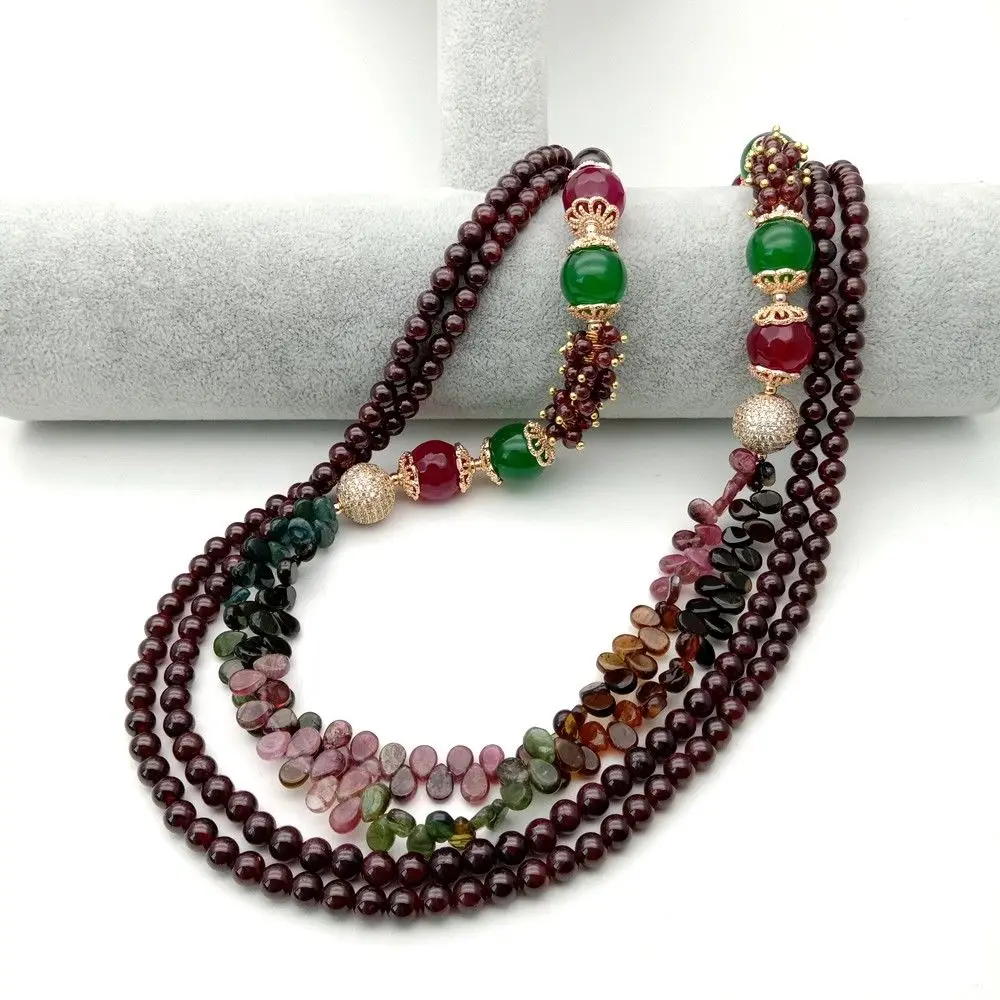 

22" 3 Strands Garnet Onyx Tourmaline Necklace