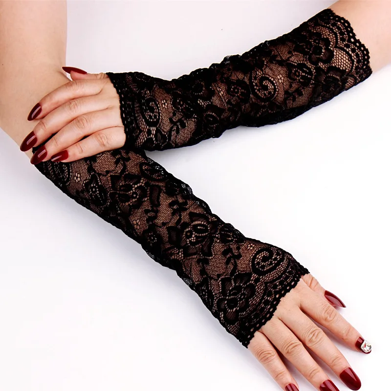 Черный Women's Fashion Summer Arm Sleeves Sun UV Protection Gloves Sexy Hollow Out Lace Concealer Arm Warmers Protective Elbow Sleeve - Цвет: Черный