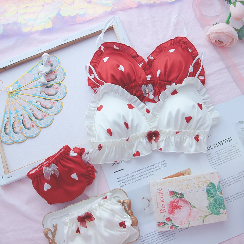 

Sexy Chiffon Kawaii Japanese Lolita Princess Cute Love Print Lingerie Bra & Panties Set Bikini Brassiere Set Women's Underwear