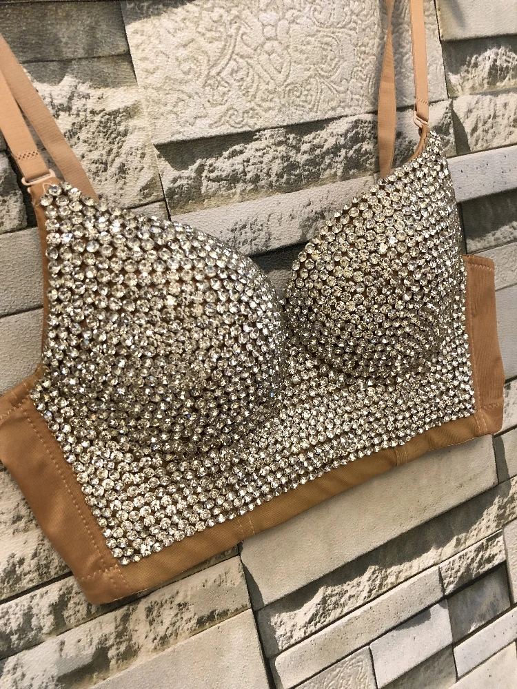 Women New Bright Night Sexy Rhinestone Gaga Bustier Pearls Push Up Night Club Bralette Bra Cropped Top Corset Plus Size C661