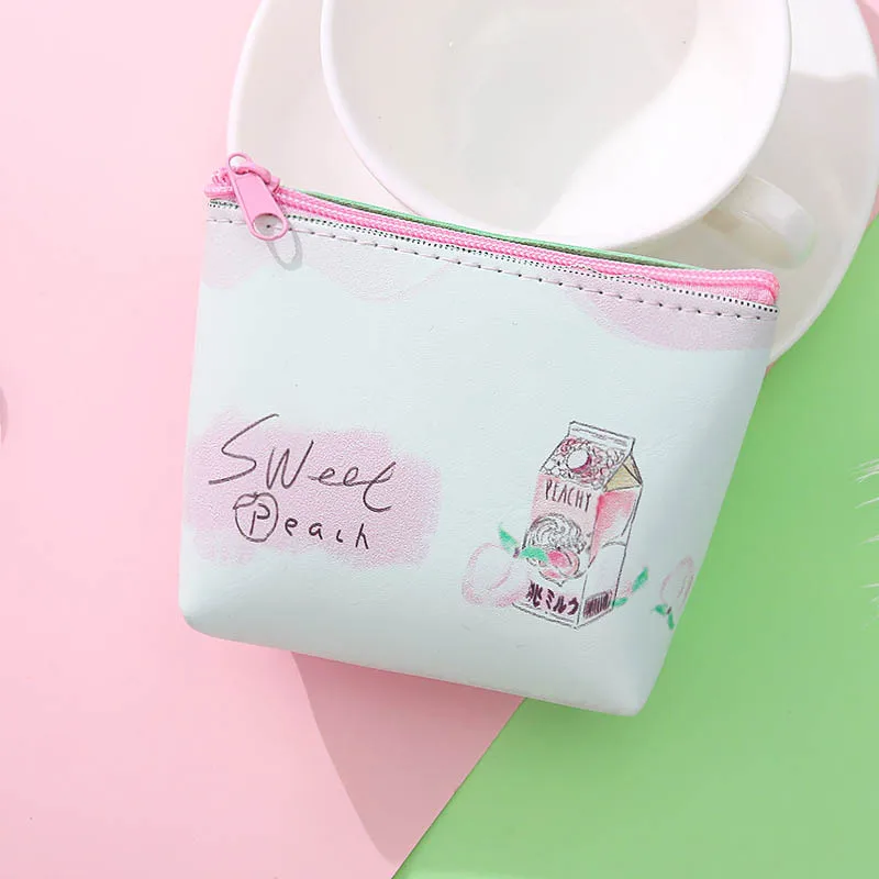Cute Pink Sweet Peach Students Coin Purse Children PU Leather Zipper Change Purse Women Mini Wallet Fruit Key Card Bag Kids Gift