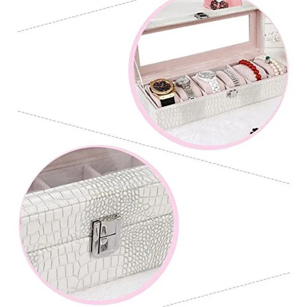 Watch Box Large 6 Men Women Crocodile Grain Leather Display Glass Top Jewelry Case