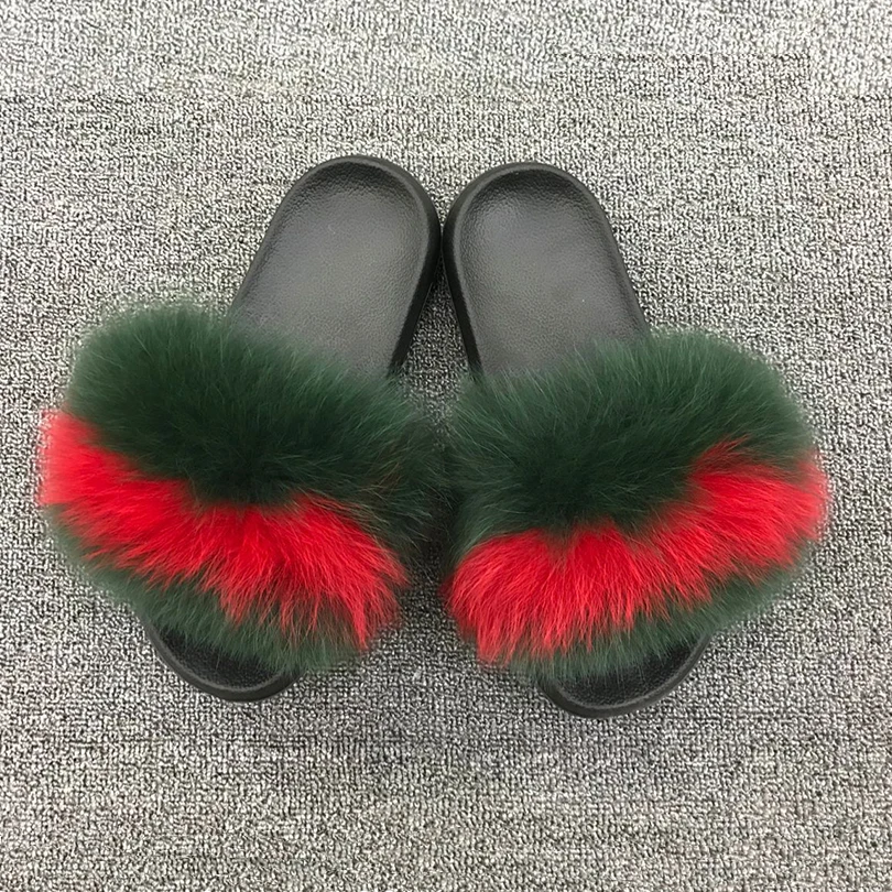 Fashion Design Real Fur Slippers Real Fox Fur Flat Furry Flip Flops Shoes Color Mix Casual Fox Hair Flat Fluffy Slippers