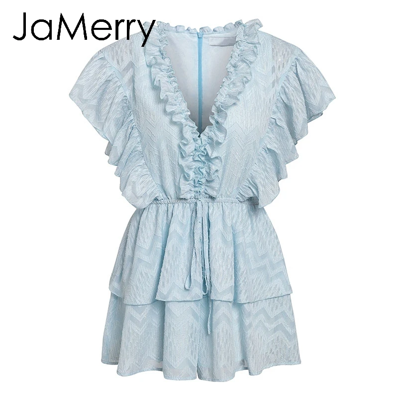 JaMerry, винтажный, элегантный, гофрированный, синий, женский комбинезон, летний, короткий рукав, с поясом, комбинезоны, повседневные, вечерние, милые комбинезоны, комбинезоны