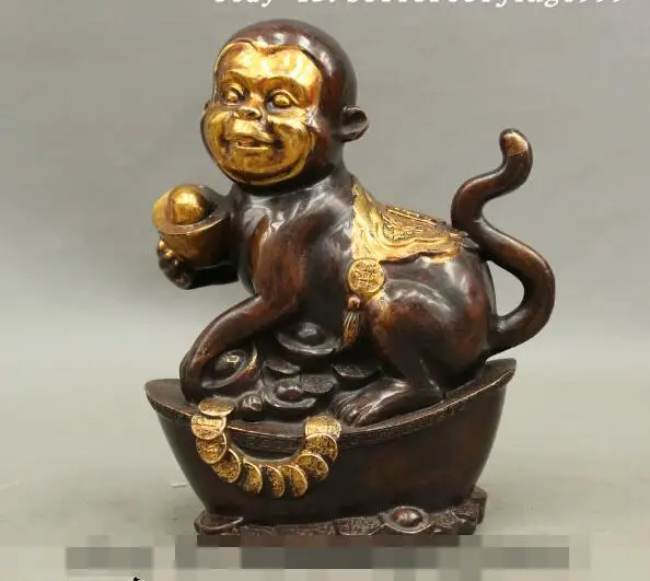 

S01044 Folk China Chinese Bronze Copper Gilt Coin Happy Monkey Statue on wealth YuanBao (B0413)
