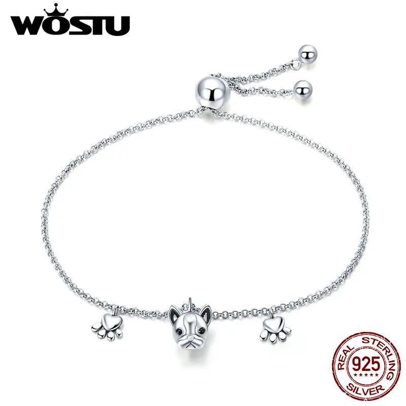 WOSTU Высокое качество 925 пробы Серебряный Французский бульдог браслет со следами ног для женщин юбилей хорошее ювелирное изделие подарок CQB085