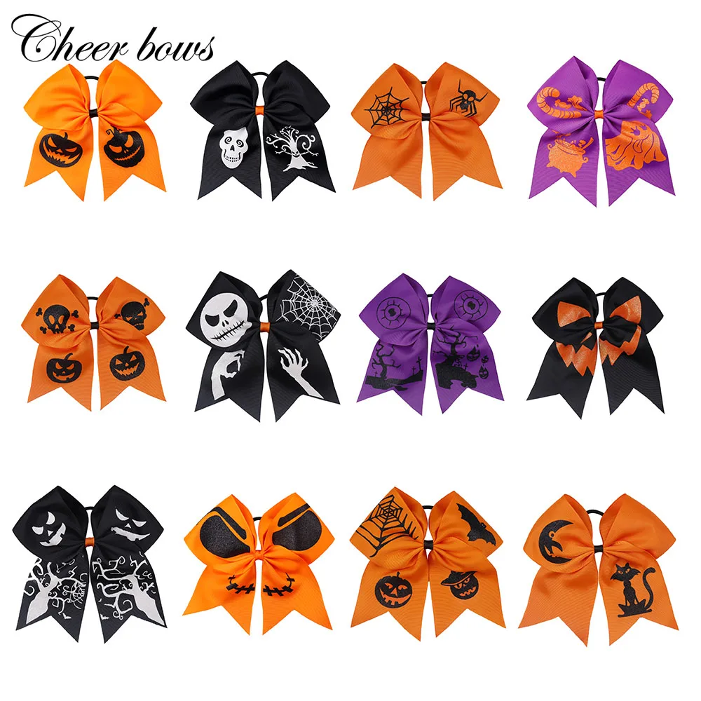 7 дюймов Хэллоуин печати Cheer луки Grosgrain ленты школа волосы лук эластичной резины волосы галстук для девочек аксессуары для волос