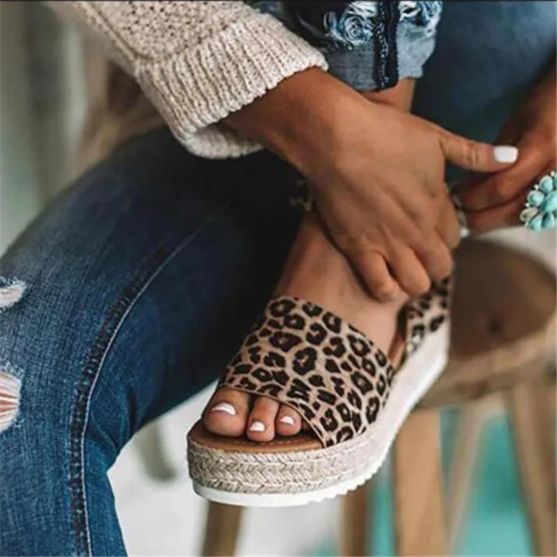 

2019 Women's Foam Cane Hemp sole Espadrille Sandals Mature Ladys' Flock Leopard Breathable shoes girl's Open Toe Ankle Sandals